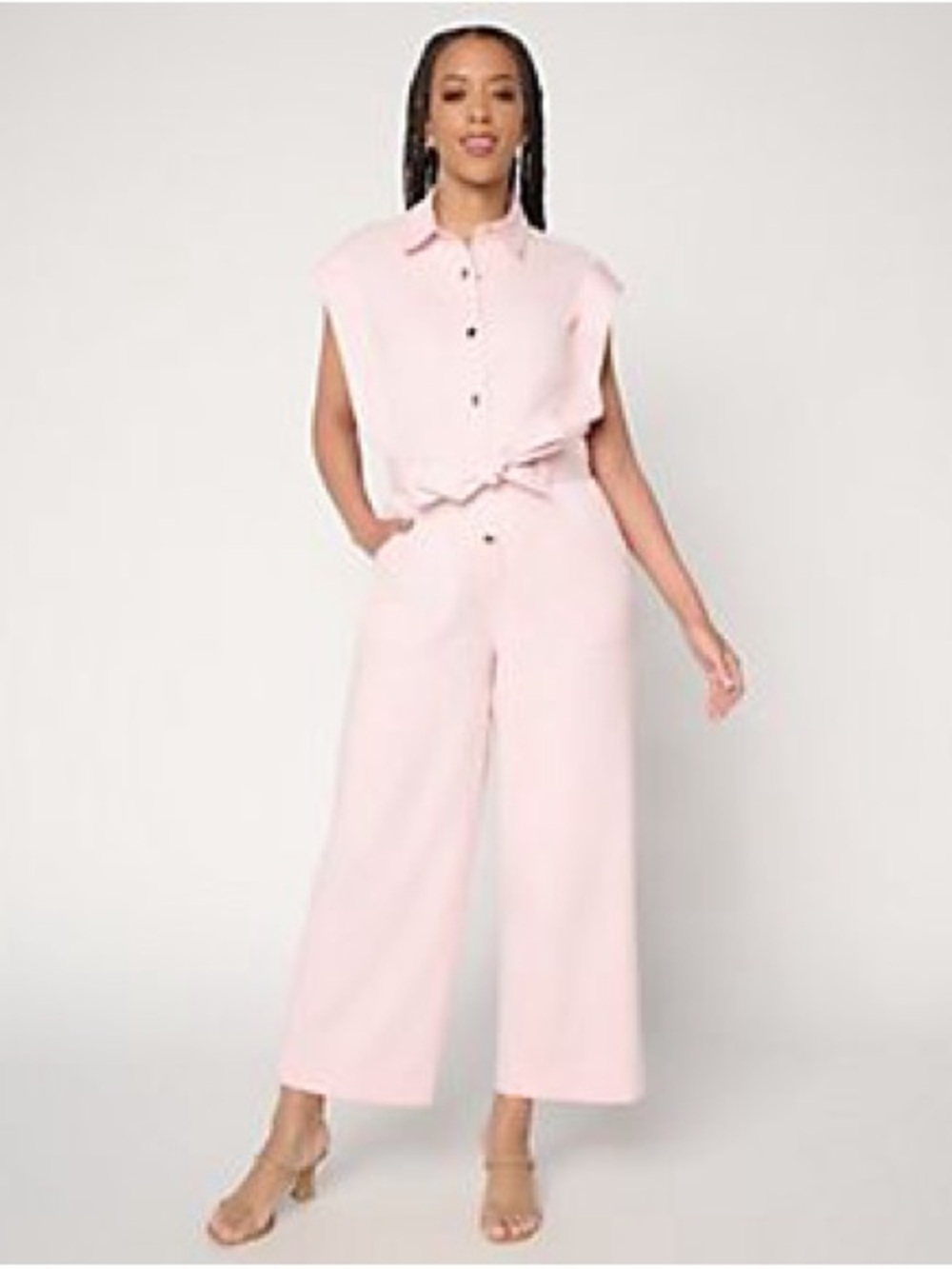Sleeveless Collared Pink  Boss Lady Wide-Leg Jumpsuit with Tie Waist